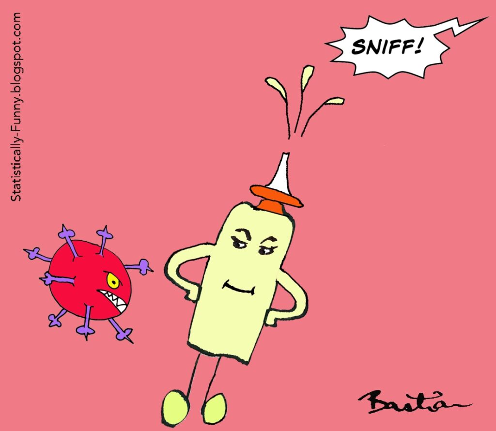 A smug nasal spray is being sniffed, while looking disdainfully at a coronavirus. (Cartoon by Hilda Bastian.)