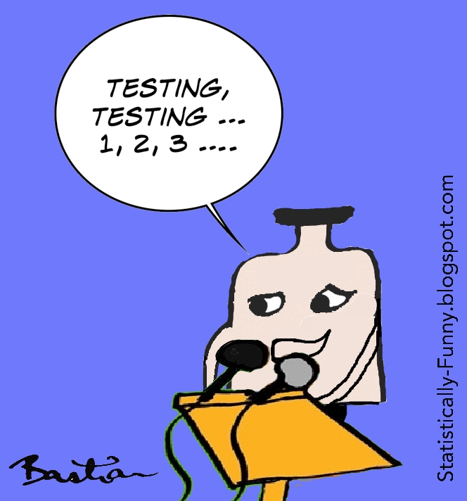 A medicine is standing at microphones, going "Testing, testing... 1, 2, 3..." (Cartoon by Hilda Bastian.)