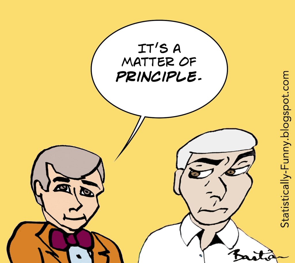 A man in a bowtie is saying "It's the principle." Another man is giving him side eye. (Cartoon by Hilda Bastian.)